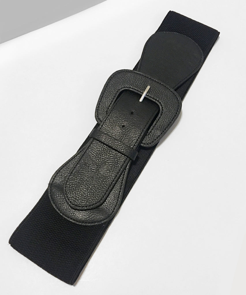 SOLD Vintage 1950s Black Wide Elastic Cinch Belt With A Large Real Leather  Buckle Adjustable MCM Era - Another Time Vintage Apparel And Other Fine  Delights