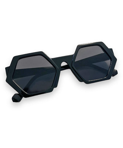 Solid Black 1960s Style Mod Hexagon Sunglasses